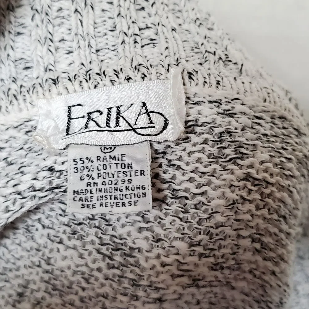 VINTAGE 1970s Erika Gray Black Speckle Knit High Low V-neck Wide Belt Dress M